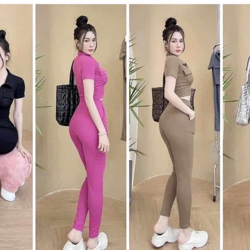 Sét bộ Nữ thun tăm lạnh co giãn dày dặn, Áo túi nắp crop top cổ trụ khoá kéo , quần lưng siêu cao có túi Women 3