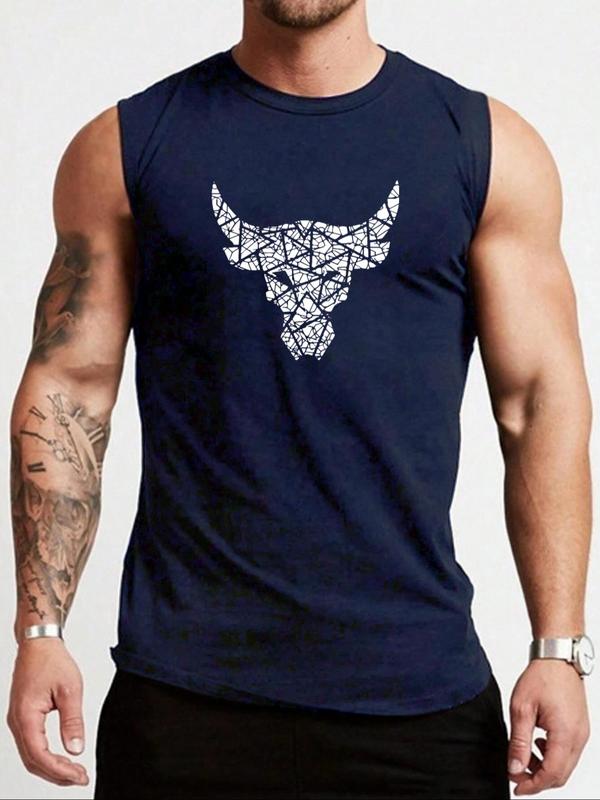 Men's Bull Head Print Round Neck Tank Top, Casual Fit Quick Drying Breathable Sleeveless Top for Gym Workout Running, Men's Clothes for Summer 1