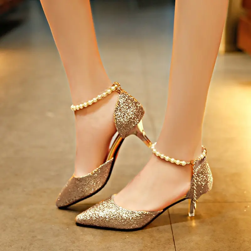 Kasut Tumit Tinggi Berlabuci, Fesyen Kaki Runcing, Sandal Wanita Manik, untuk Wanita, Fesyen