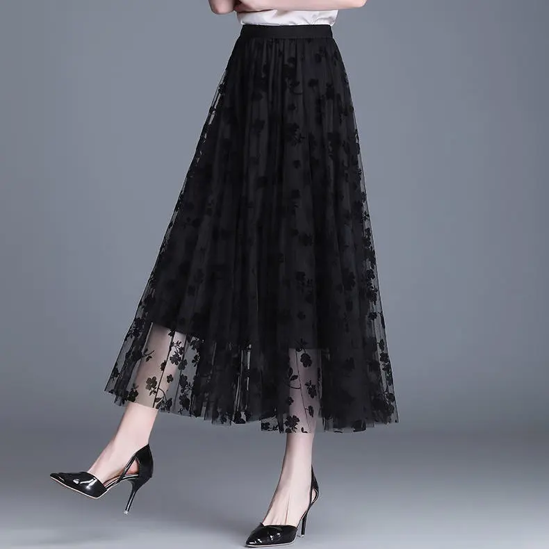 Flocking Floral Tulle Skirt Mid-Length Versatile High Waist Slimming A- line Large Hem Skirt Gauze Skirt for Women Womenswear Bottom