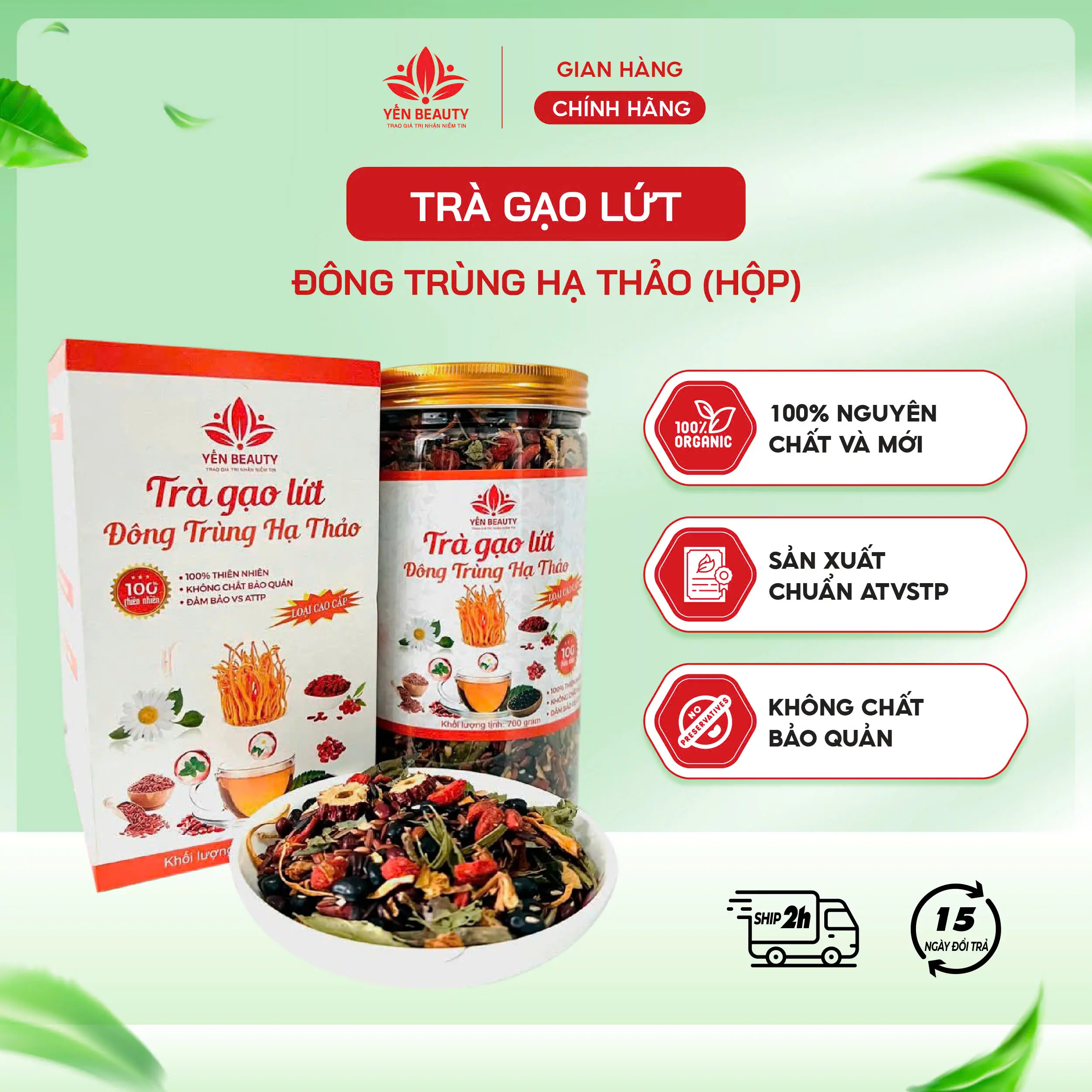 Trà gạo lứt đông trùng hạ thảo hộp 500gram YẾN BEAUTY