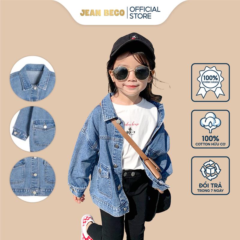 Áo khoác Jeans cho bé gái bé trai form rộng JEANBECO màu xanh phong cách Hàn Quốc A02