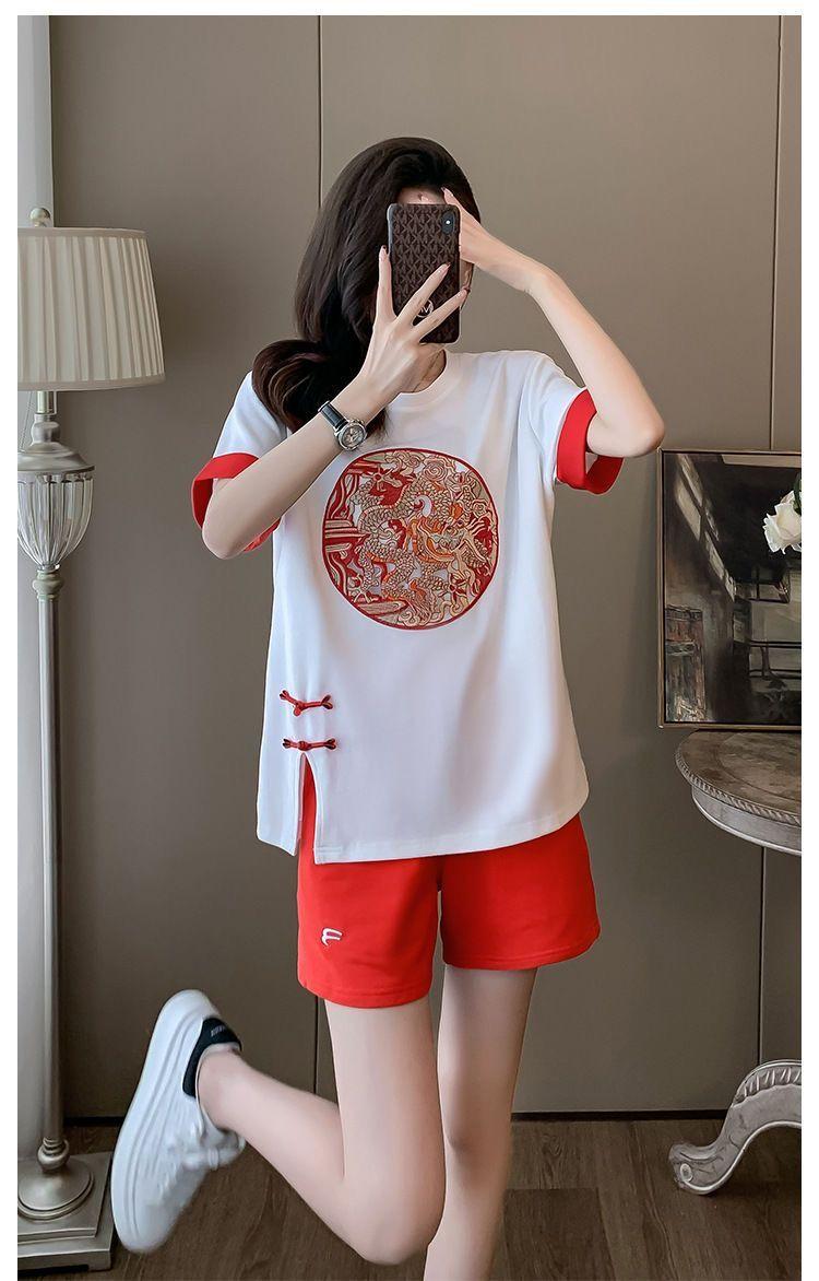 Product Introduction of New Chinese Casual Graceful Fashionable Set Women's Summer Short Sleeve Shorts Red Chinese Style Sports Popular Two-Piece Set 14