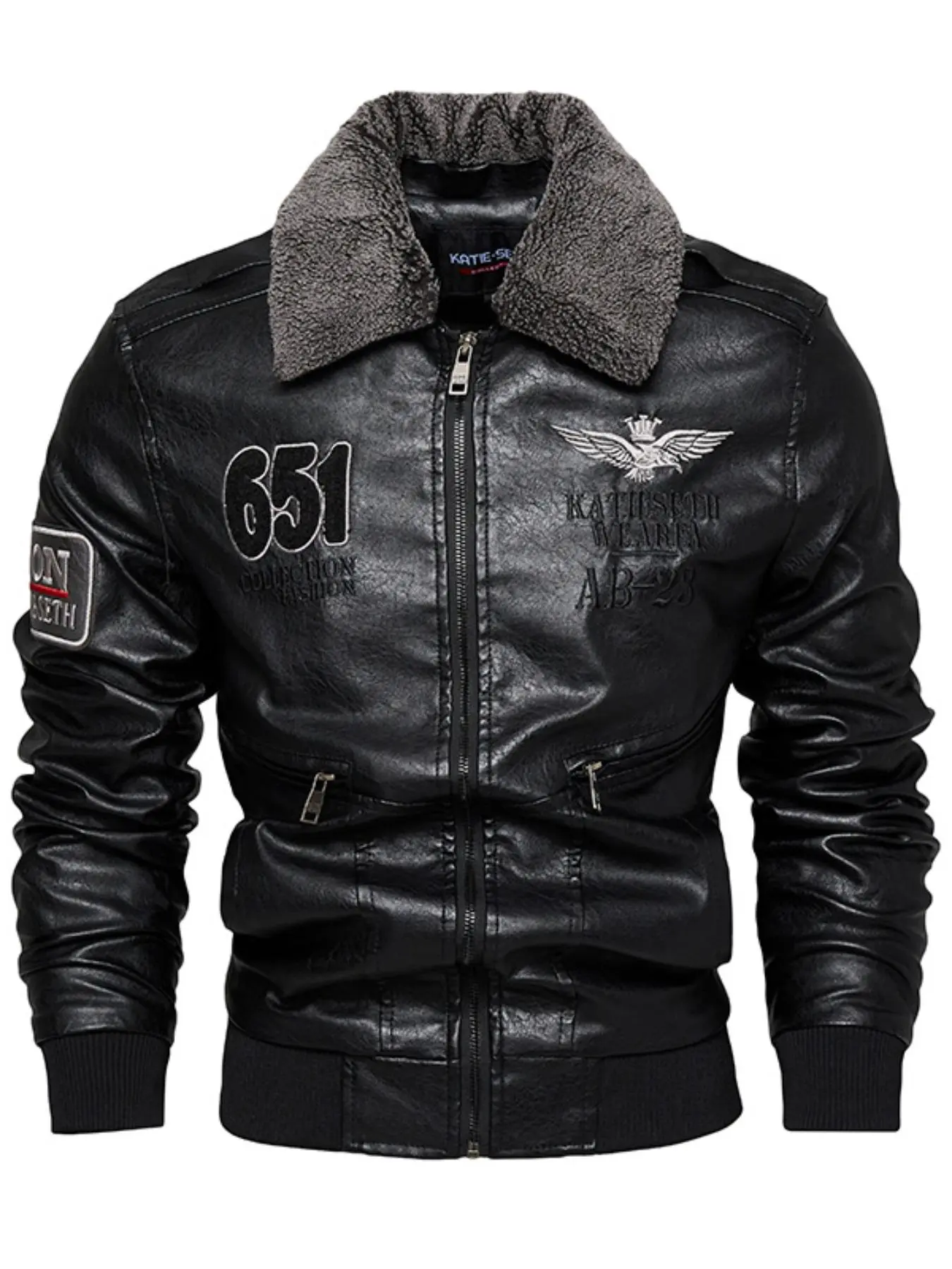 Men's Letter Patched Pocket Zipper PU Leather Jacket, Punk Fashion Long Sleeve Collared Outerwear for Daily Outdoor Wear, Men Cloths for Fall & Winter