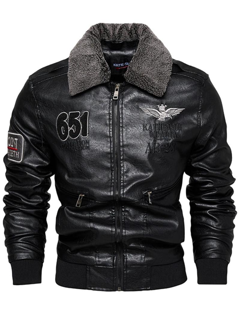 Product Introduction of Men's Letter Patched Pocket Zipper PU Leather Jacket, Punk Fashion Long Sleeve Collared Outerwear for Daily Outdoor Wear, Men Cloths for Fall & Winter 1