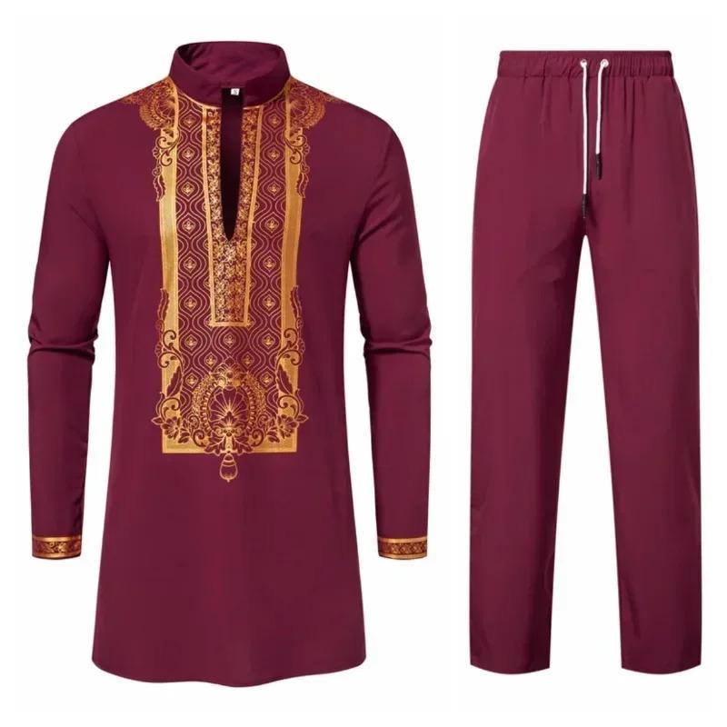 Product Introduction of New Personality Men's Long Sleeve Shirt Sets Leisure Dinner Print Design Medium Long Clothes for Men 4