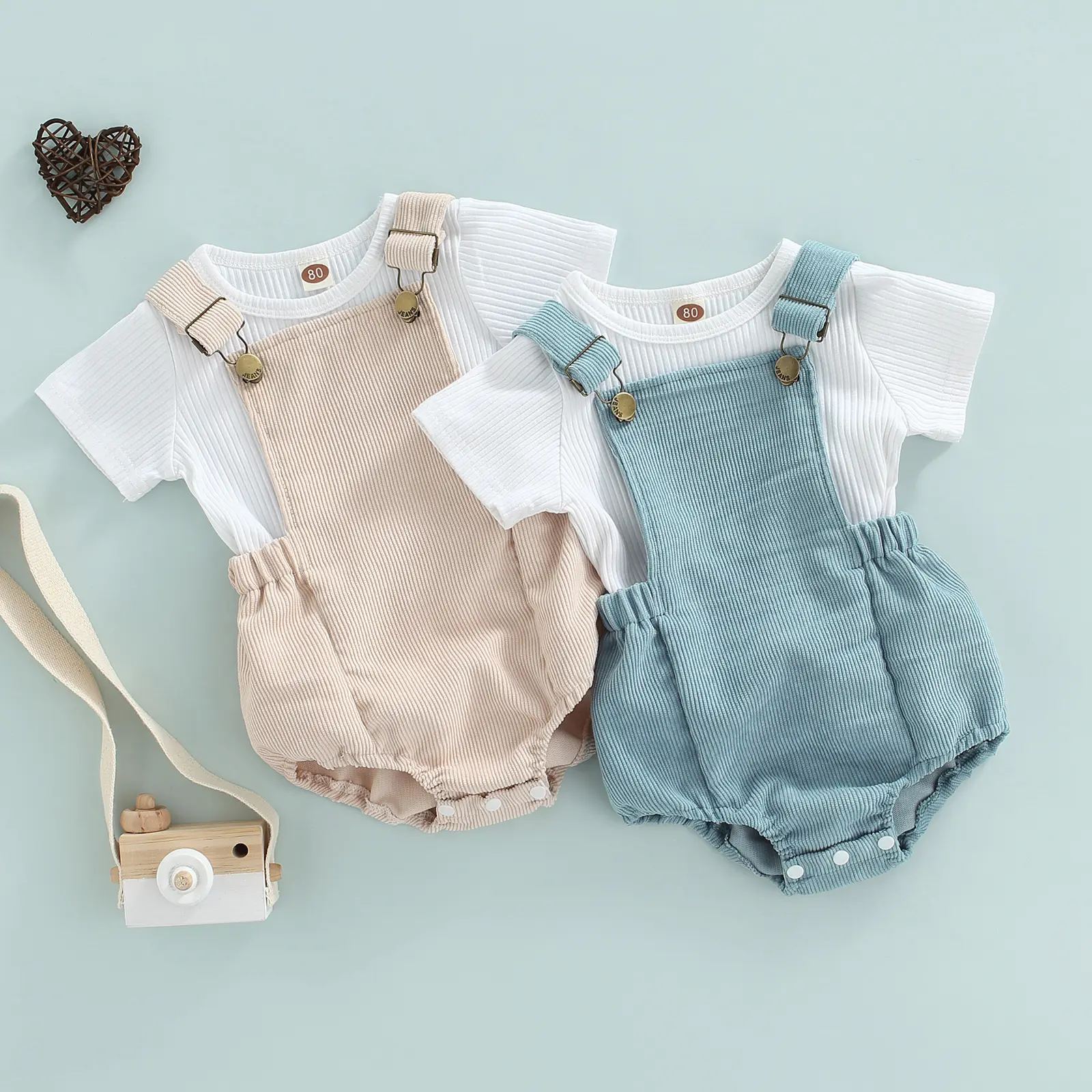 Baby Strappy Romper Suit Ribbed Round Neck Short Sleeve T-Shirt Tops + Adjustable Straps Romper Two Piece Set