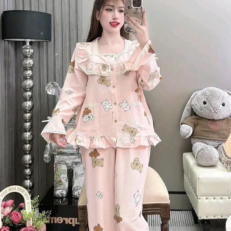 Bộ tiểu thư tay dài 40/60kg viền ren nhúng bèo chất đũi sốp .đồ mặc nhà thoáng mát Nhung Tim 5