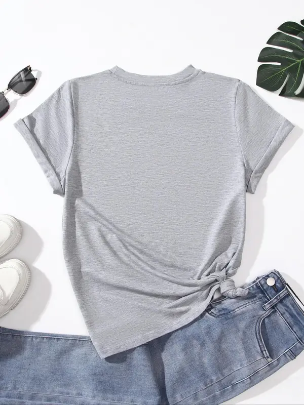 Women's Letter Print Round Neck Graphic Tee, Vintage Trendy Casual Short Sleeve T-shirt for Daily Wear, Ladies Summer Clothes 5