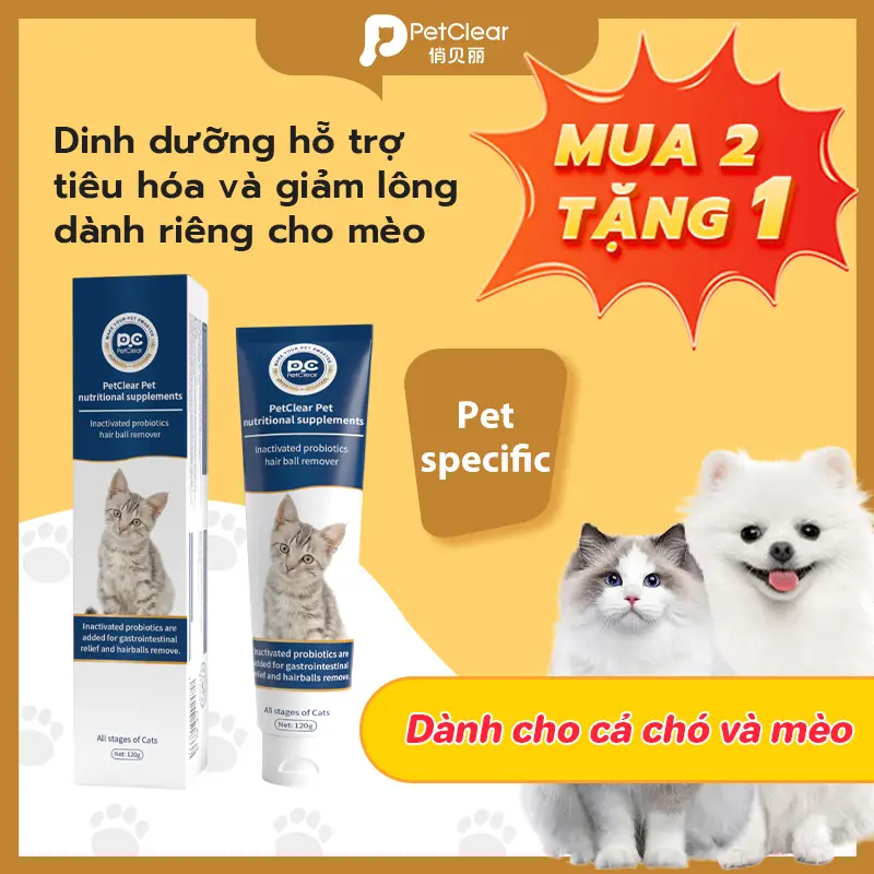 【Mua 2 tặng 1】Kem bổ sung dưỡng chất Petclear dành cho mèo con, chứa vitamin, dầu cá, men vi sinh giúp tiêu hóa và hỗ trợ loại bỏ búi lông, 120g