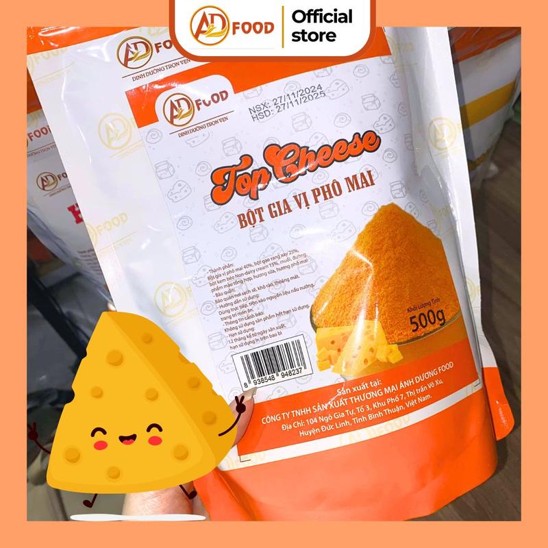 500g Bột phô mai Top Cheese vị mặn ADFOOD - tông màu cam, vị mặn, ăn kèm các món nướng, dùng để lắc khoai tây chiên, gà rán, bắp rang bơ, pha chế cùng nước sốt hoặc rắc trực tiếp lên món ăn đã chế biến....