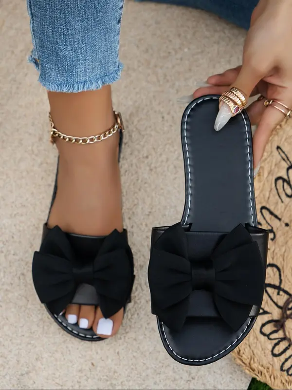Women's Bow Decor Slip on Flat Sandals, Leather Sandals, Casual Outdoor Beach Sandals, Elegant Sandal, New Trendy Sandals for Summer, Gifts for Wife, Footwear, Sandals for Women 6