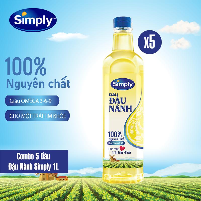 Simply Combo 5 Dầu Ăn Đậu Nành Simply Nguyên Chất 1L Giàu Omega 3 6 9 Vitamin E & Phytosterol Tự Nhiên Tốt Cho Sức Khỏe Tim Mạch