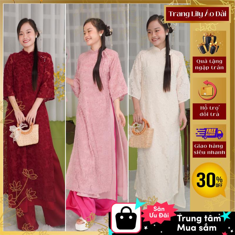 Áo dài lông vũ Yến Phượng phối nơ buộc cách điệu, đã phối sẵn màu quần - Trang Lily Áo Dài -Thời trang Nữ Dress Women Kem