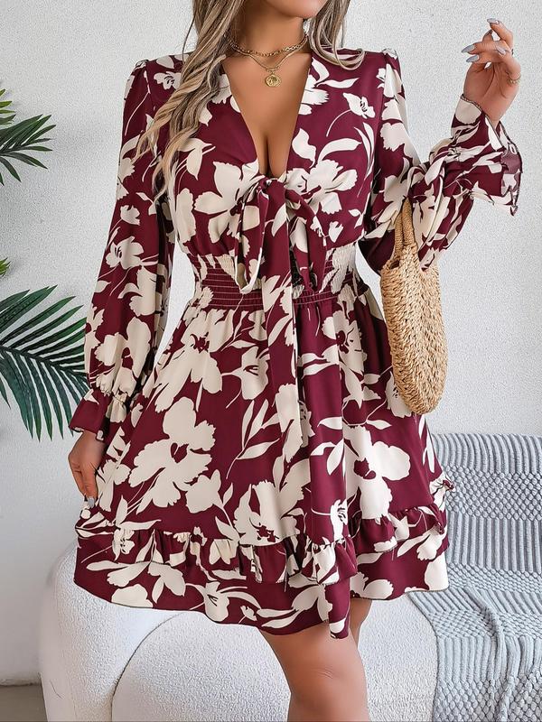Women's Floral Print Ruffle Trim Shirred Tie Front A Line Dress, Boho Deep V Neck Flounce Sleeve Short Dress for Spring & Fall, Ladies Clothes for Beach Holiday Vacation 4