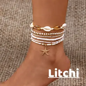 【Litchi】Set Gelang Kaki Manik Mini Bintang Laut Kerang Warna - warni Multilapis Bergaya Lautan Modis untuk Wanita L329