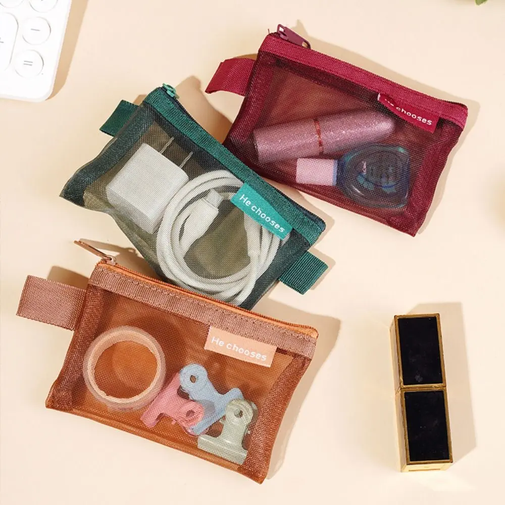 Portable Mesh Coin Purse Large Capacity Transparent Key Bag Solid Color Zipper Cosmetic Storage Bag