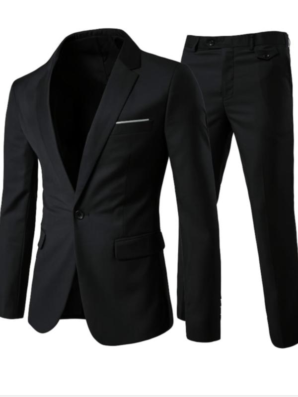 Men's Solid Color Suit Set, Business Formal Lapel Neck Long Sleeve Blazer & Straight Leg Pants, Two-piece Suit for Work Office Business, Menswear 2