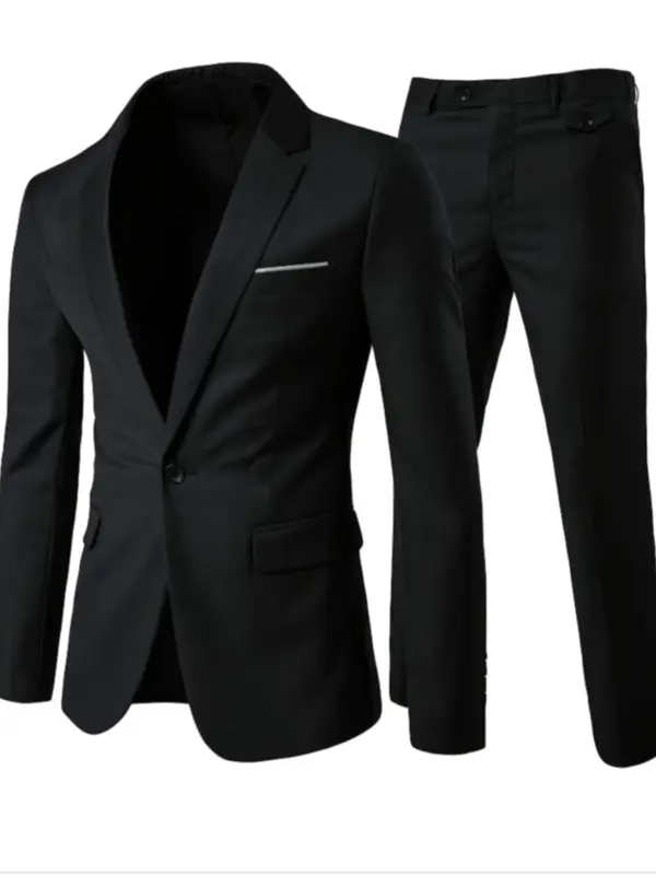 Men's Solid Color Suit Set, Business Formal Lapel Neck Long Sleeve Blazer & Straight Leg Pants, Two-piece Suit for Work Office Business, Menswear 2