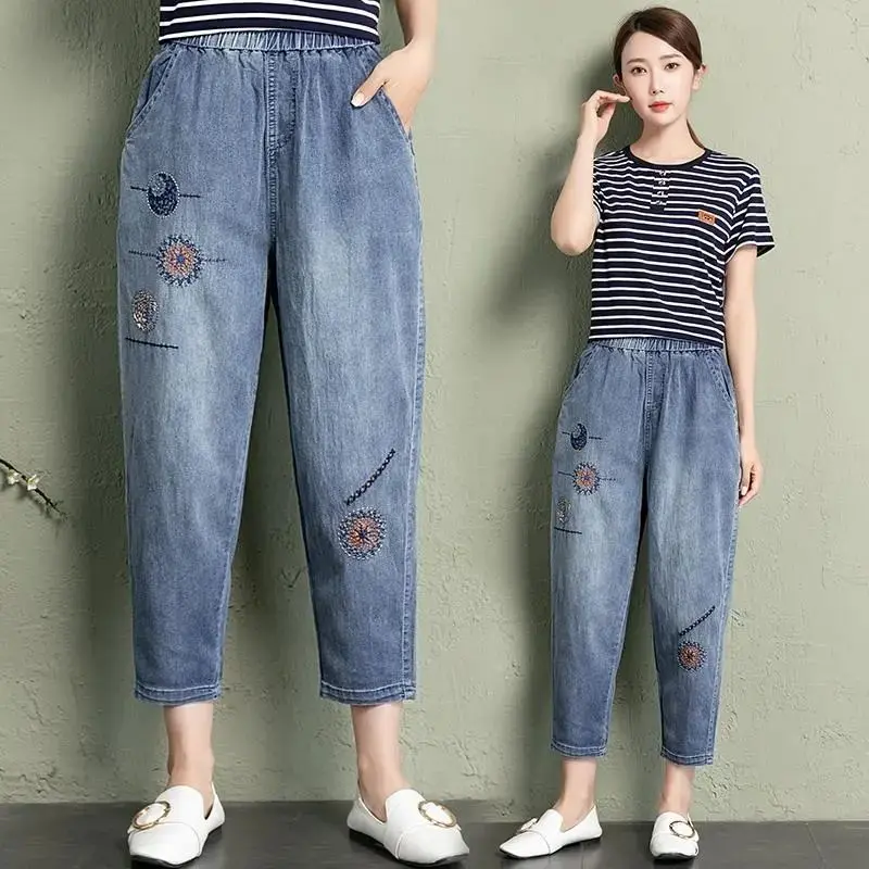 Quần Harem Denim, Phong Cách Mới, Dành Cho Phụ Nữ, Phong Cách Dân Tộc, Dáng Rộng Vừa Vặn, Dễ Phối Đồ, Thiết Kế Thêu Cổ Điển Cropped Xén, Quần Thường Ngày Nhỏ Jean Women