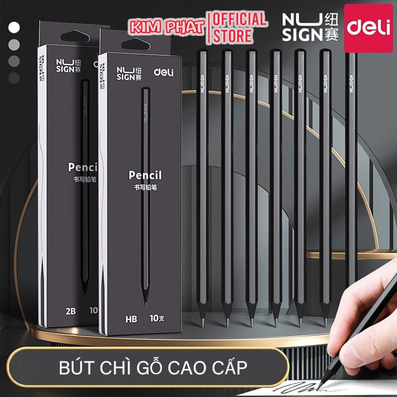 Combo Hộp 10 Chiếc Bút Chì 2B Gỗ Đen Nusign Cao Cấp Deli NS722 Nét Chì Đậm