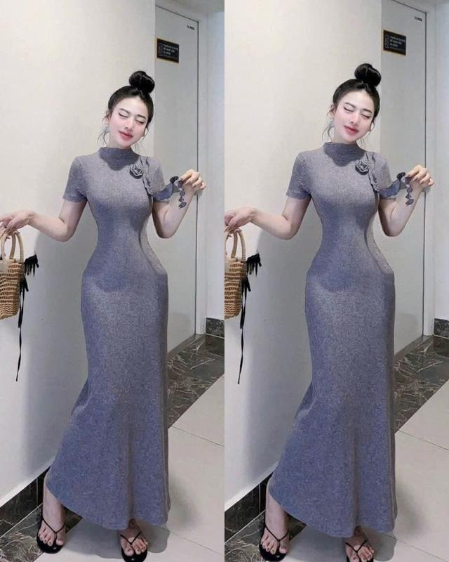 Váy body dáng dài cổ 3p đính hoa cộc tay ôm đoy tôn dáng dạo phố sang chảnh cho các nàng diện phố đầm yếm Nữ