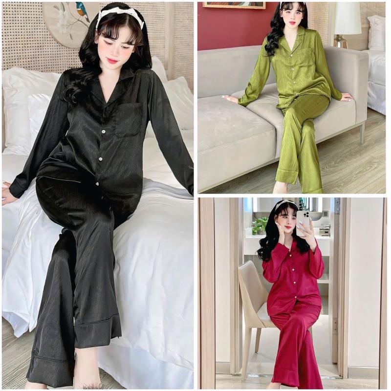 Đồ bộ nữ mặc nhà tay dài dành cho nữ cổ v truyền thống vãi lụa xước ánh kim phù hợp sz 40-55kg mặc bốn mùa hoạ tiết dễ thương