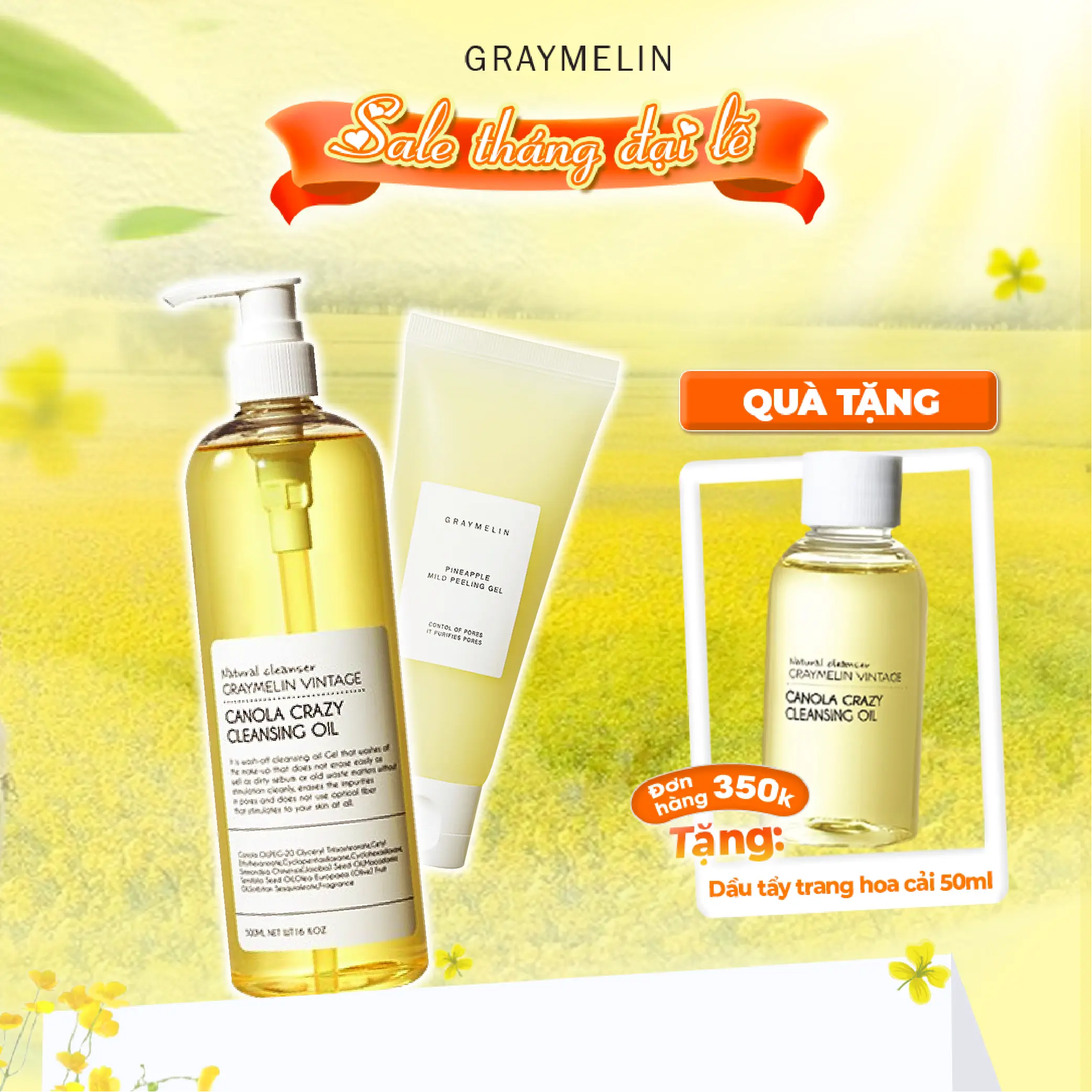 Bộ đôi sản phẩm làm sạch da GRAYMELIN  Dầu Tẩy Trang Hoa Cải và Gel Tẩy Da Chết  Pineapple Mild Peeling Dứa  Giúp Làm Sạch và Cấp Ẩm Da