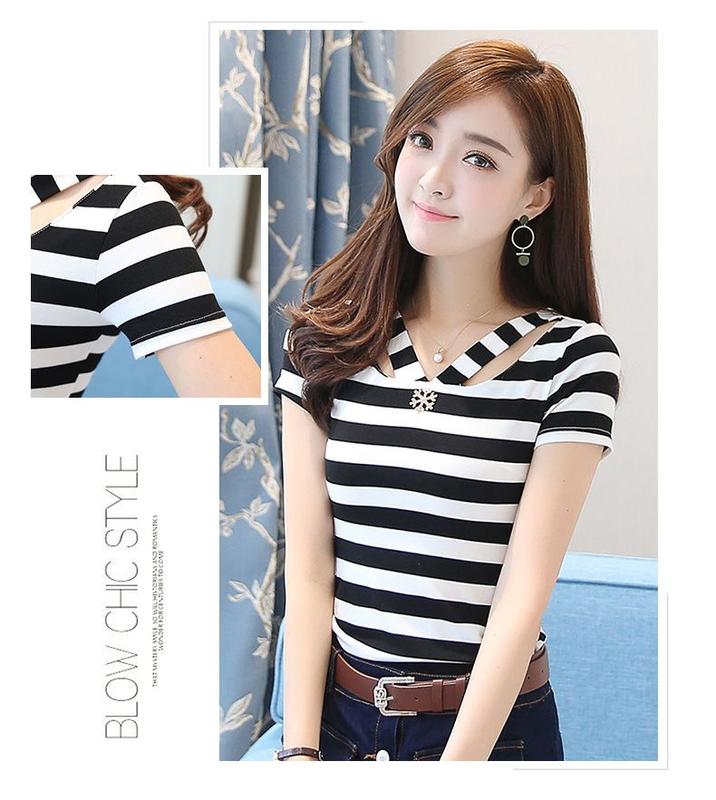 Product Introduction of Women's Summer Design Striped T-shirt Thin and Slimming White V-neck Short Sleeved T-shirt 19