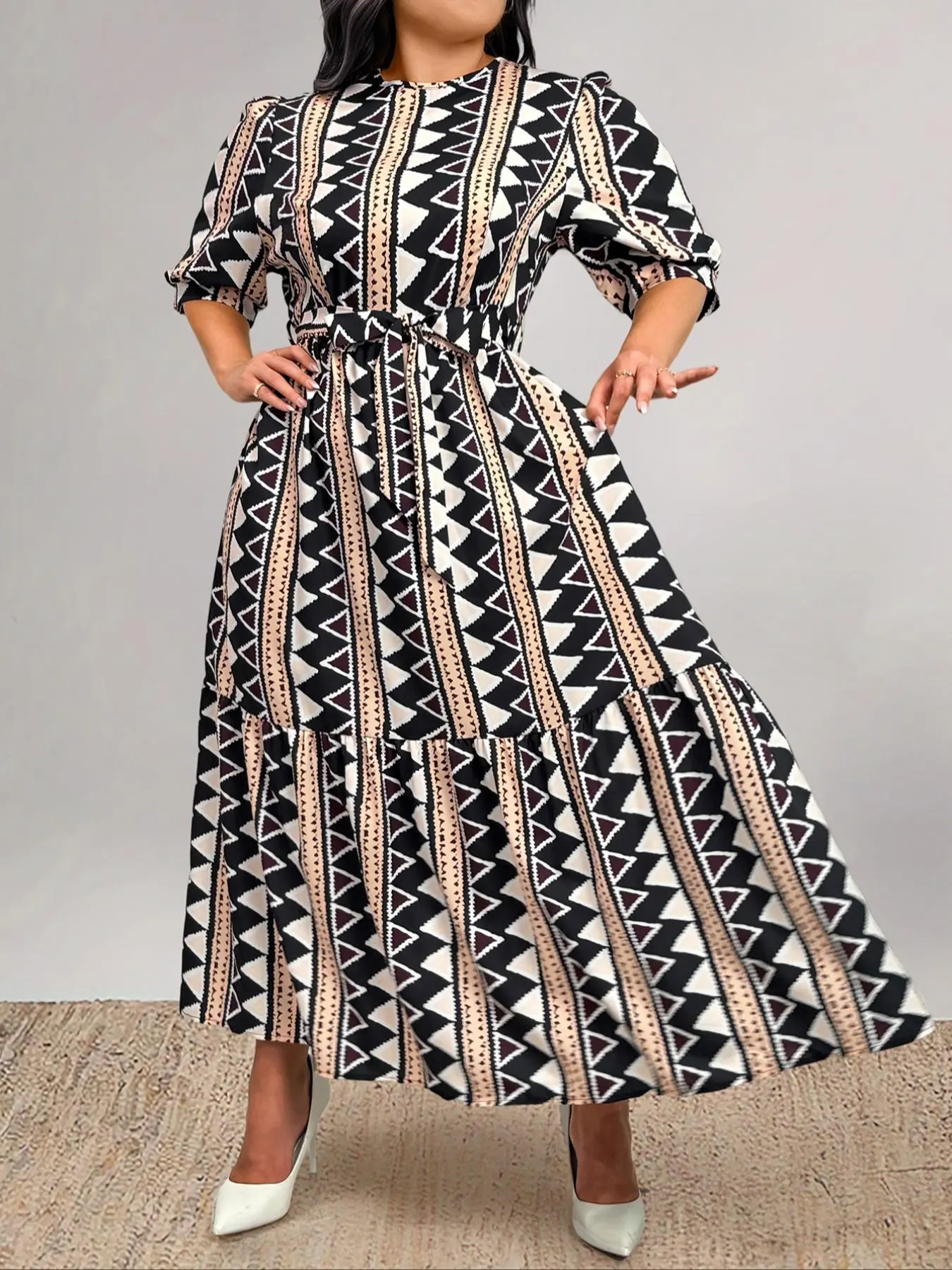 【Plus Size】 Geometric Print Tie Waist Dress, Casual Fashion Dress for Daily Outdoor Wear, Women Plus Clothing for All Seasons