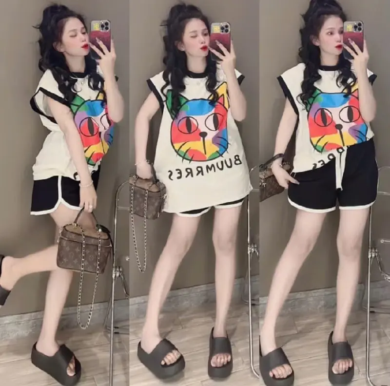 Set Bộ Đùi Nữ hình mèo Cute Form Rộng Chất Cotton, Bộ Cộc Tay co giãn 4 chiều Thấm Hút mồ hôi năng Động trẻ trung xinh Đẹp 4