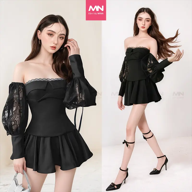Set váy trễ vai ( 2 món) MINA thiết kế dáng xoè mini màu đen chất liệu Cotton phối Ren dự tiệc - MN297 Women Dress Nữ 0