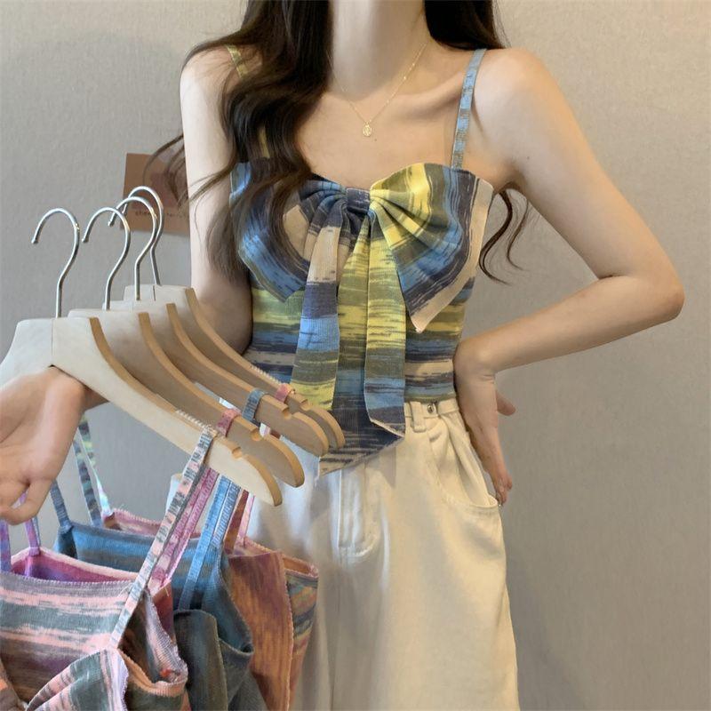 Product Introduction of Sweet and Spicy Style Striped Small Sling Vest Women's Summer Inner Wear Outer Wear Design Sense Niche Bow Sleeveless Short Top turtleneck  tank Lingerie Plaid Spaghetti Strap tank  top camisole  tops baby  tee 19