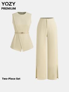 YOZY Women's Solid Color Belted Tank Top & Pocket Wide Leg Pants Two-piece Set, Casual Fashion Cozy Round Neck Sleeveless Top & Trousers for Daily Outdoor Wear, Ladies Clothes for All Seasons