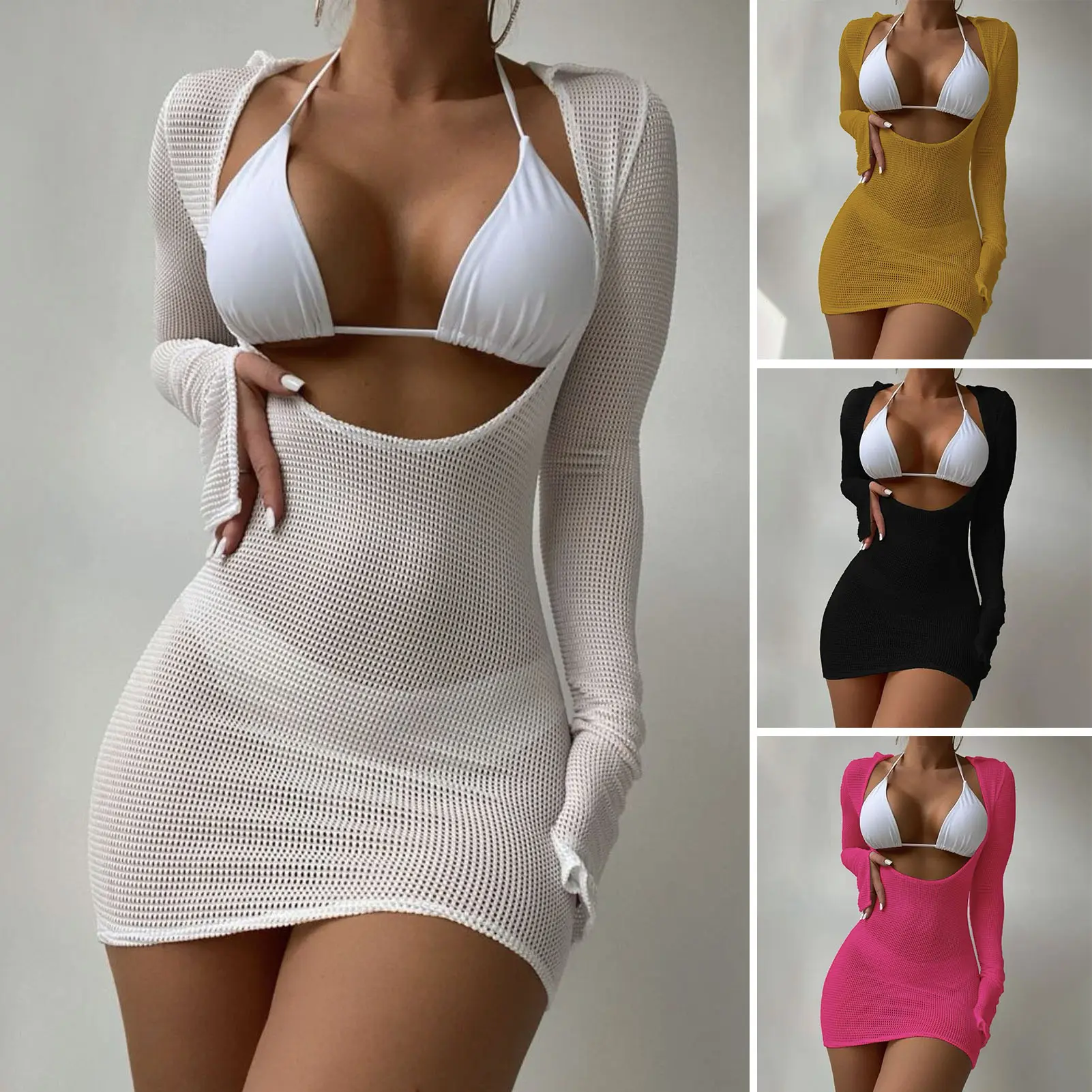 3 Pcs/Set Bikini Set Cover Up Set Solid Color Three-point Long Sleeves Low-cut Skinny Swimming Elastic See-through Lady Beach Swimsuit Water Activity Clothes