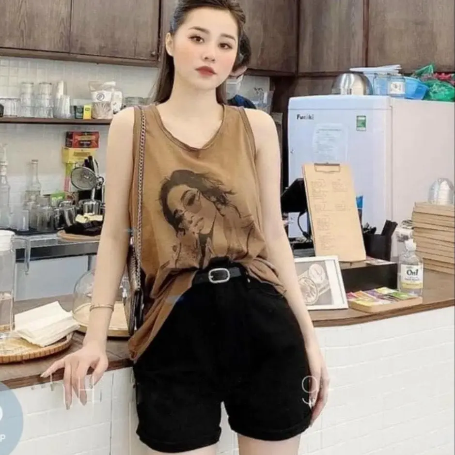 Áo ba lỗ thun giấy in hình cô gái phù hợp mặc ngày hè mặc nhà trẻ trung dưới 65kg bán chạy