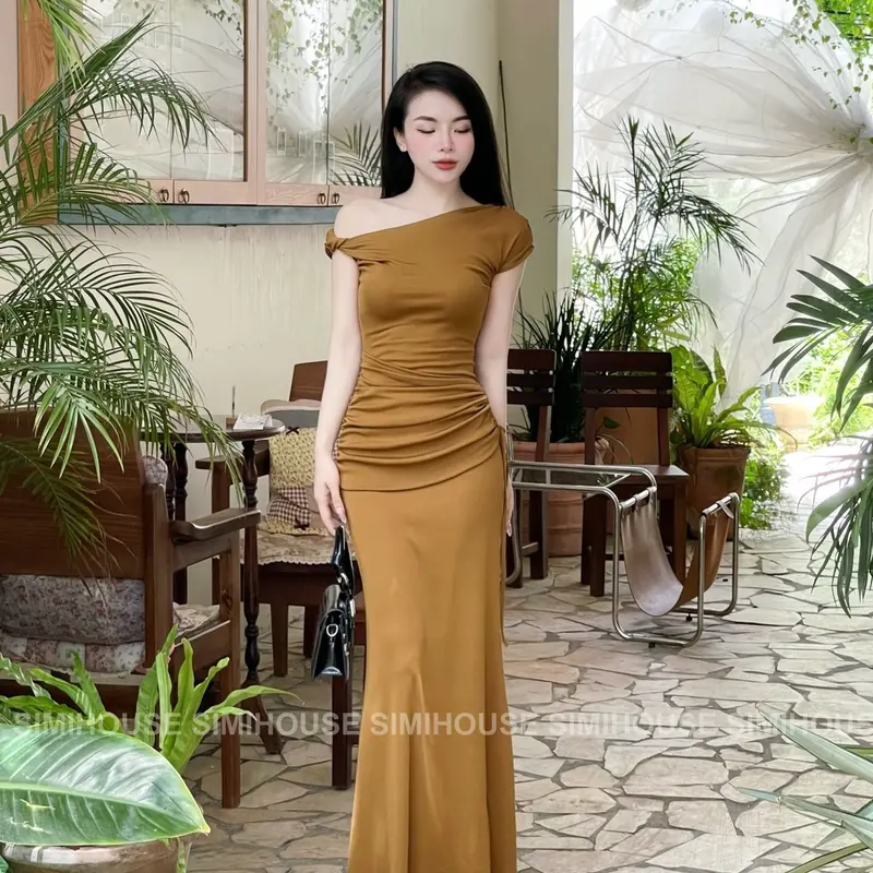 (SIMI HOUSE) VÁY BODY XOẮN VAI NHÚN CỘT EO / Đầm body  Thun đi tiệc xoắn vai nhíu eo  Women Dress 8