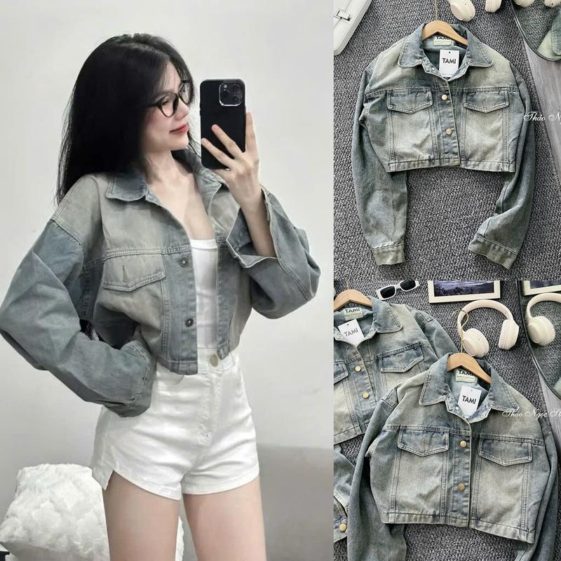 Áo khoác jean nữ croptop tay dài line bo nhỏ 2 túi đắp! (A2) THẢO NGỌC STORE Bò Women