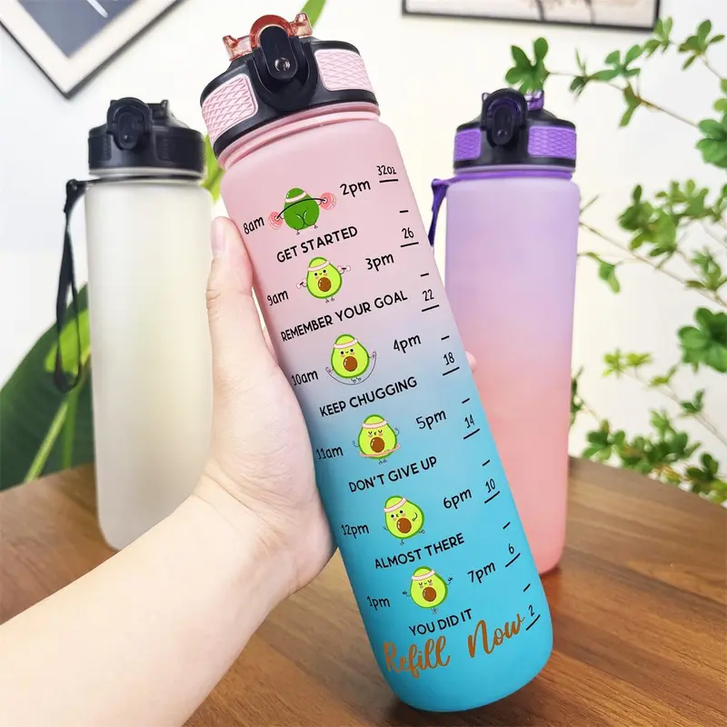 32oz Water Bottle, 1 Count Cartoon Squat Pattern Sports Drinking Bottle with Time Marker, Leakproof Fitness Water Bottle for Home Office Gym Workout, Drinkware 4