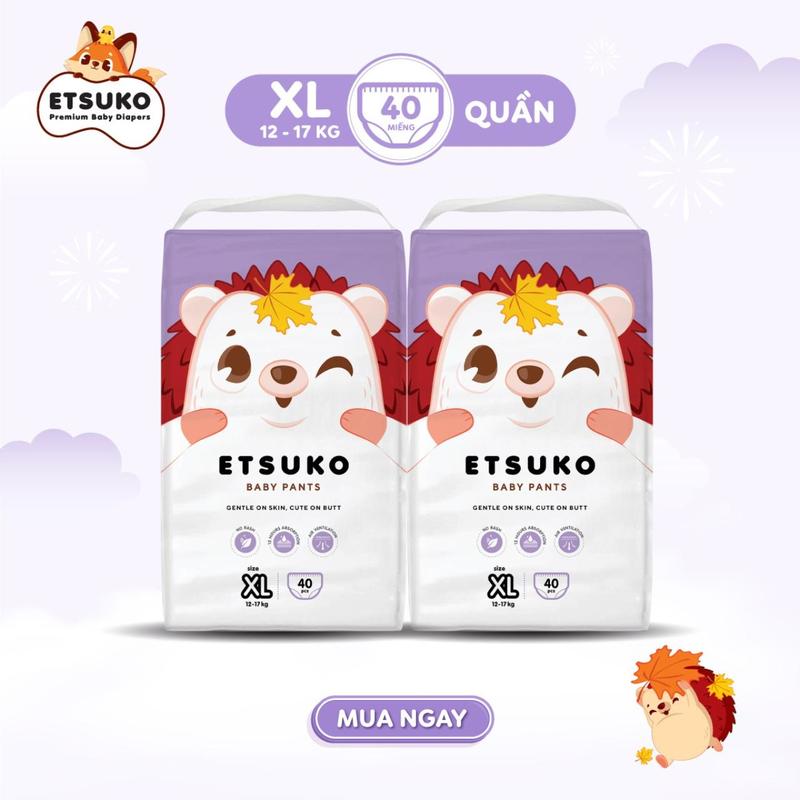 Combo 2 Bịch Tã/Bỉm Quần ETSUKO Size XL 40 Miếng Đai Chun Mềm Mại, Thấm Hút Hiệu Quả, Chống Tràn Cho Bé Thoải Mái Vận Động