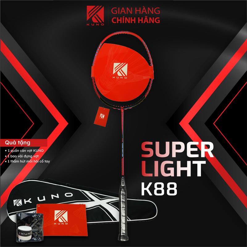 Vợt Cầu Lông Kuno Super Light K88, 6U Thân Dẻo, Công Thủ Toàn Diện, Căng Sẵn 10kg, Tặng 1 quấn cán + 1 Túi Đựng Vợt + 1 Thấm Hút Mồ Hôi Tay và Căng Cước Lần 2 Miễn Phí