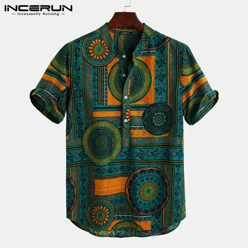 Áo Cổ Chữ V Hoa Cổ Điển Cho Nam, ngắn Tay, Incerun, Có Cúc Menswear Sơ Mi Cổ Tròn Shirt