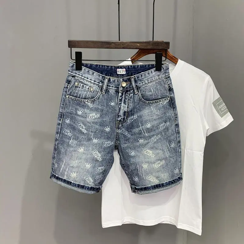 Quần Short Denim, Trang Phục Mùa Hè Cho Nam, In Cá Tính Mới, Dễ Phối Đồ Mỏng Vừa Vặn, Phong Cách Hàn Quốc, Capris Hợp Xu hướng Thiết Kế Cạo