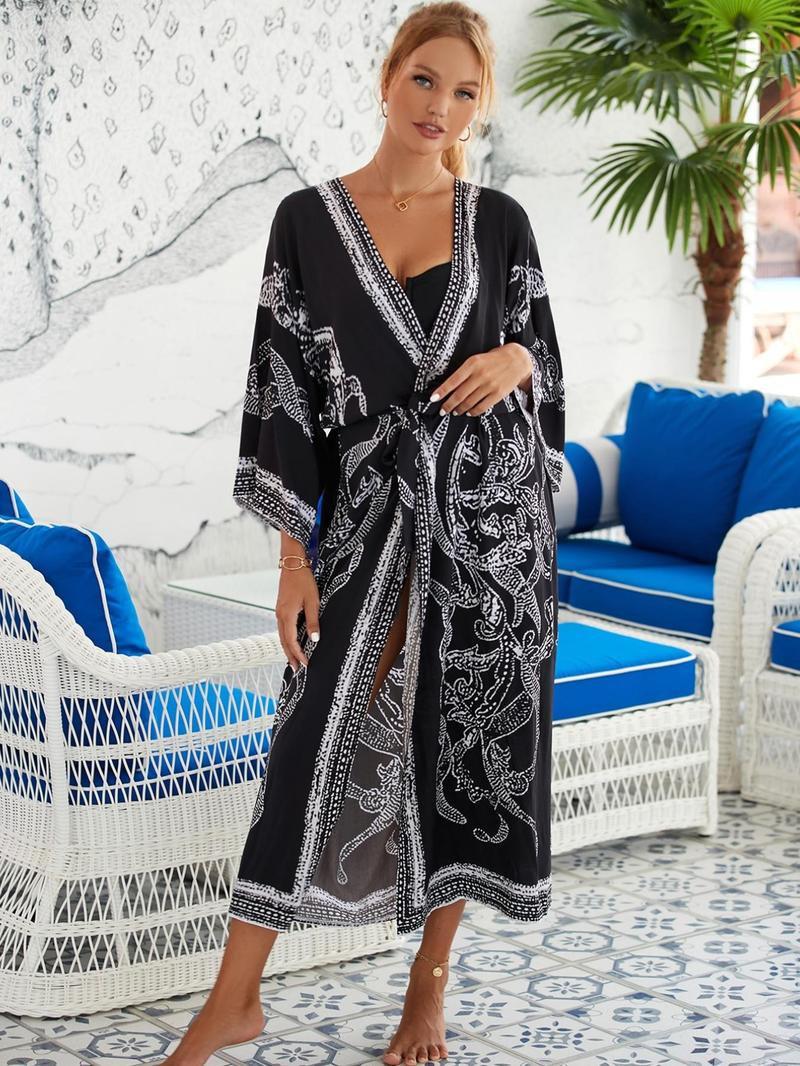 Product Introduction of Women's Boho Plants Print Kimono Sleeve Belted Kimono Coat, Summer Clothes Women, All Over Print Long Sleeve Cover Up for Women, Ladies Clothes for Summer Beach Vacation, Clothing 20