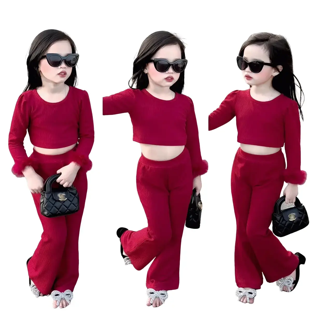 Sét áo kèm quần loe đỏ cho bé Gái,chất liệu len lông thỏ đủ sz 9-35kg Kem