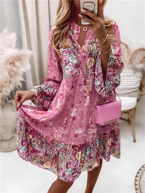 Women's Ditsy Floral Print Patchwork Tiered Layer Smock Dress, Boho Flounce Sleeve   Short Dress for Daily Wear, Ladies Dress for Spring & Fall 3