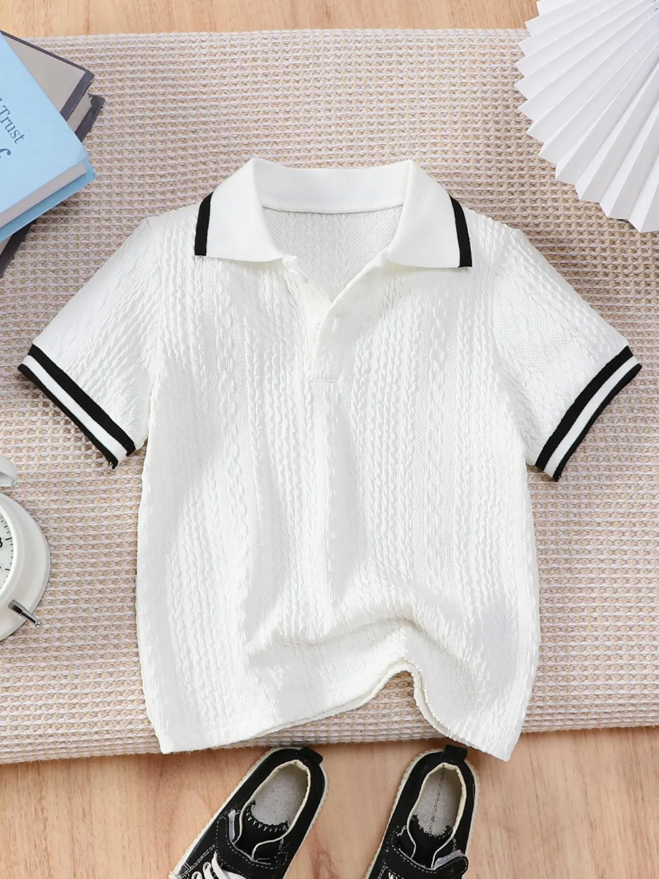 Boy's Striped Print Contrast Trim Polo Shirt, Casual Short Sleeve Half Button Top for Summer, Kids Clothes for Daily Wear