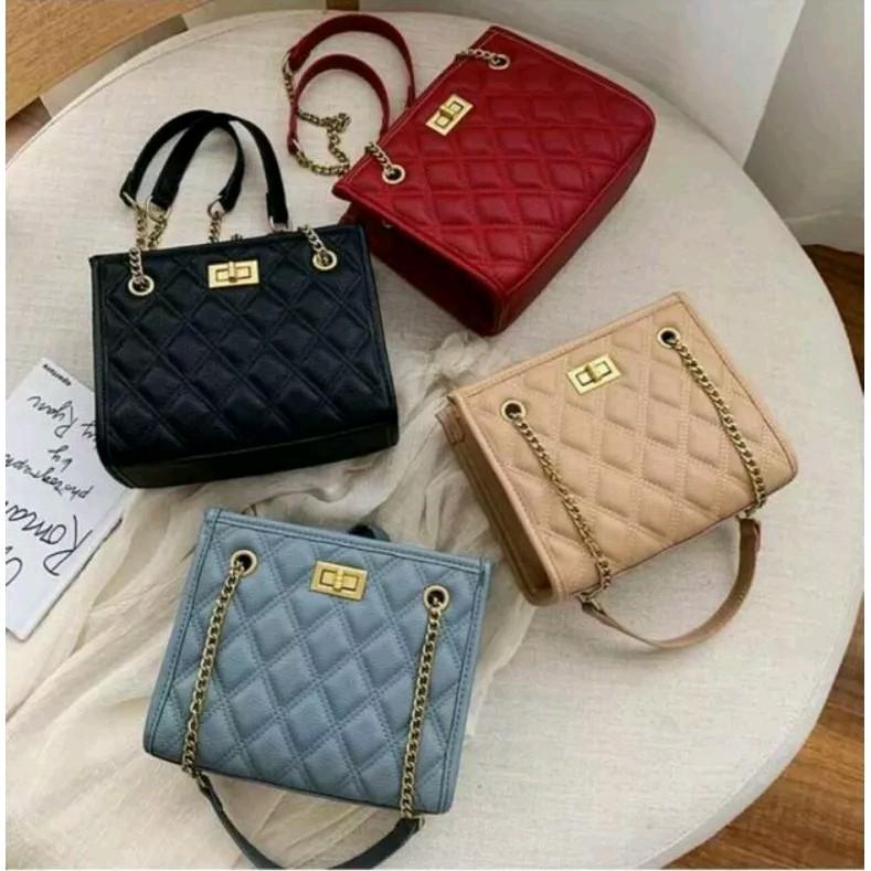 Tas Tote Bag Bahu Selempang Wanita Handbag Rantai Motif Setrip Kotak 0