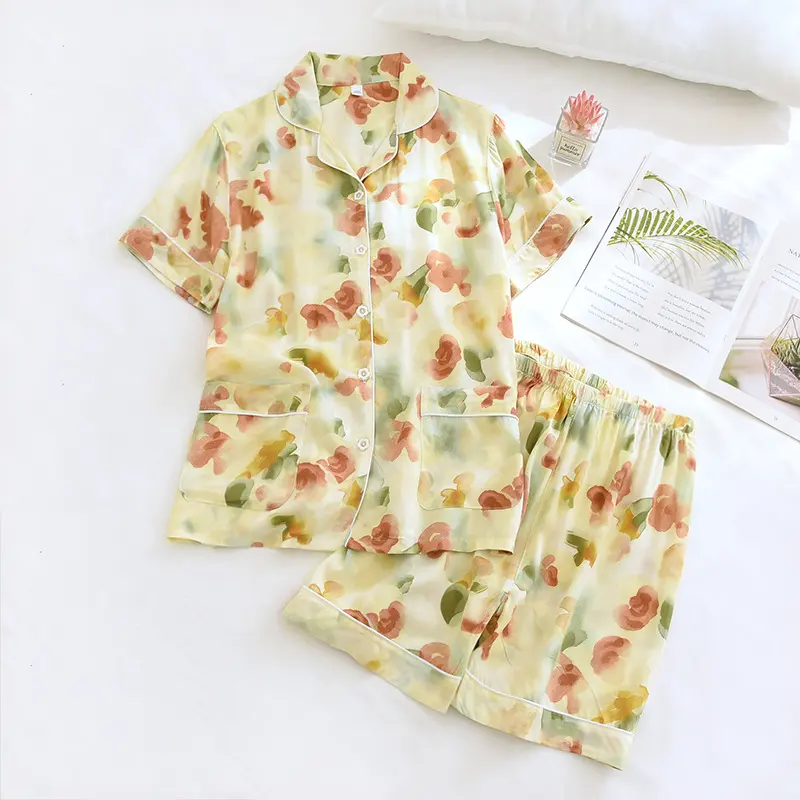 Bộ Đồ Ngủ Lụa Bông, Dành Cho Nữ, Mùa Hè Mỏng, Bộ Đồ Ngắn Tay, Cao Cấp, Ngoại Cỡ, Phong Cách Mới, Quần Áo Mặc Nhà 0