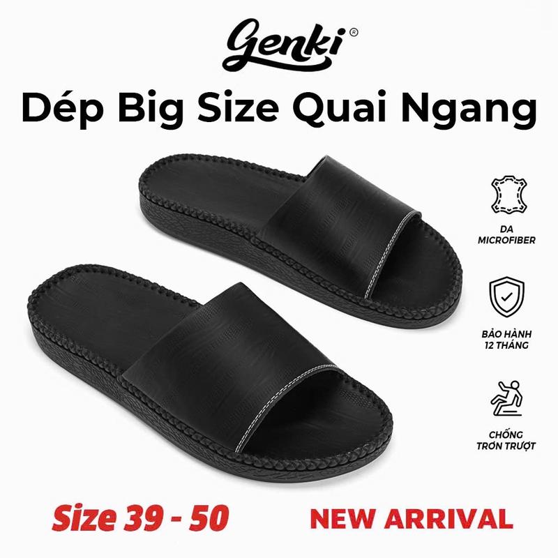 GENKI Dép Nam Quai Ngang Big Size Khâu Đế Cao Su Chống Trơn Trượt Màu Đen Size 39-50 Da Tổng Hợp Nhẹ Linh Hoạt Chống Nước